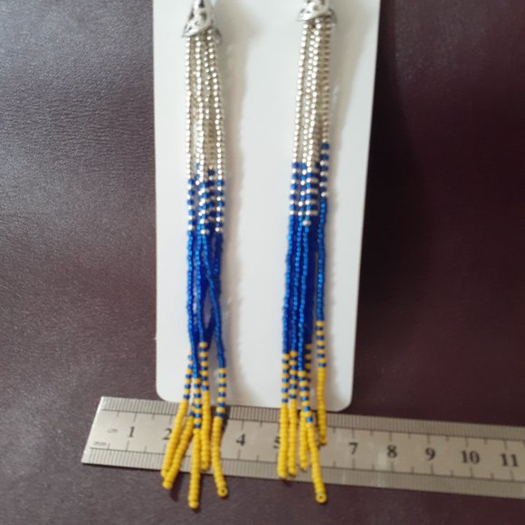 Boucles d'oreilles hypoallergéniques, jaune, bleu et argent, mini perle - Picture 1 of 3
